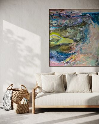 Abstract layered painting depicting a birds eye view over the coastline