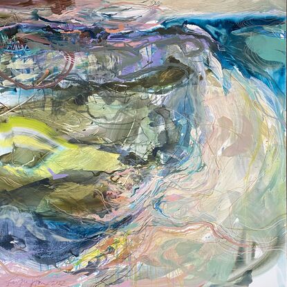 Abstract layered painting depicting a birds eye view over the coastline