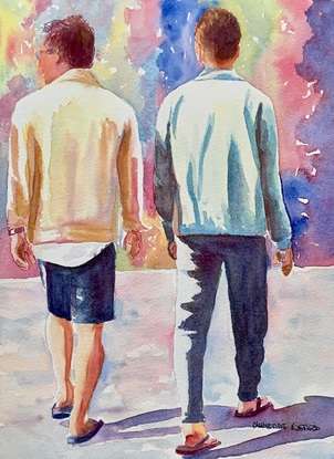 Two guys walk in the sunshine.