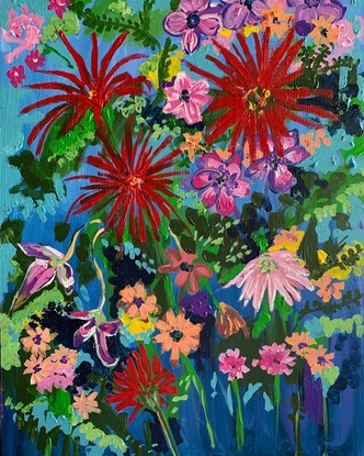 It’s Spring and the flowers from my garden are popping out with colour. The bright red, pinks, apricot and blue jump out from the canvas 