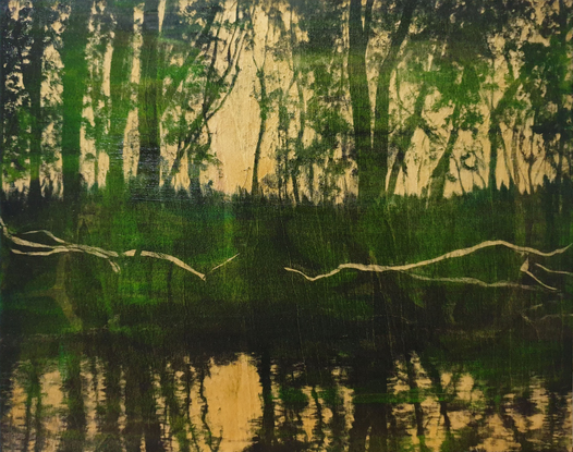 stylized trees and reflection in river