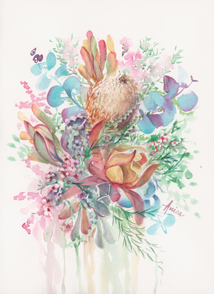 Watercolour painting of native flowers in colours of pink, peach, and foliage of blue-green.