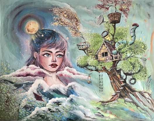 Goddess of Nature 

The vibrancy and movement of this surreal painting do a lot to show the intertwined relationship between human and nature, and their interdependent relationship.
 The waves and currents of the ocean, as well as their magnificent creatures, have the ability to stop at the edges of the shore. This is so that trees can grow and houses can be built.
 In this person's face, there is a very dreamy expression that makes it seem as though she might be imagining faraway lands or stars in the sky. She might be feeling the breeze gently caressing her face as the clouds pass by, and feeling the wind at the edge of her hair. 
I have added lots of fun details to make this art a little more interesting and quirky, like a staircase along a tree trunk leading to a house with a pipe and telescope, a hanging tire for swinging and so many more things that you can spot for yourself. 
With the blossoms all around, life is in full swing, and the growth continues in other parts of the world.
This is a large textured painting, highly detailed and done in acrylic and gloss, signed at the front. Measuring 115x145 cm, currently not framed, done on high quality canvas.