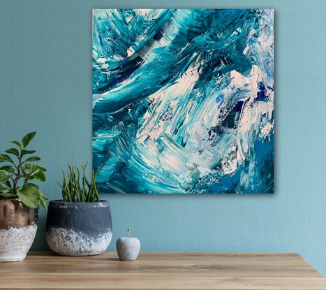 Southern Ocean Blue by Jenny McGrath - Inspired by the freedom of the sea, the swirling shapes and bubbles create a striking painting in gorgeous ocean hues. Southern Ocean Blue capturing the light and chopping and churning of the sea, with powerful hues of bold colour. Powerful, energising and renewing. I am constantly drawn to the colours and vibrancy of the ocean and water. The original piece has been created with acrylic paint.

The ocean hues exude a renewing, fresh bold new start.  I enjoy the abstract nature of the light and water and creating the fusion of delicious colour. I am intrigued by objects appearing abstract yet being of something tangible.

Acrylic on canvas, stretched and ready to hang.

Sealed with a gloss varnish with painted edges.