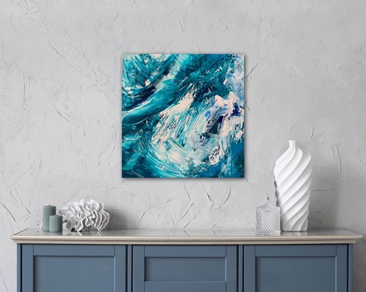 Southern Ocean Blue by Jenny McGrath - Inspired by the freedom of the sea, the swirling shapes and bubbles create a striking painting in gorgeous ocean hues. Southern Ocean Blue capturing the light and chopping and churning of the sea, with powerful hues of bold colour. Powerful, energising and renewing. I am constantly drawn to the colours and vibrancy of the ocean and water. The original piece has been created with acrylic paint.

The ocean hues exude a renewing, fresh bold new start.  I enjoy the abstract nature of the light and water and creating the fusion of delicious colour. I am intrigued by objects appearing abstract yet being of something tangible.

Acrylic on canvas, stretched and ready to hang.

Sealed with a gloss varnish with painted edges.