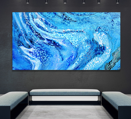 ABSTRACT painting that gives the impression of soothing ocean waves lapping an outer reef.  The intricate mosaic pattern within the tonal blue hues and the glimmering adds added interest and intrigue the close one gets to the painting. .