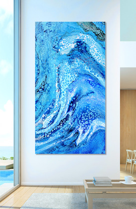 ABSTRACT painting that gives the impression of soothing ocean waves lapping an outer reef.  The intricate mosaic pattern within the tonal blue hues and the glimmering adds added interest and intrigue the close one gets to the painting. .