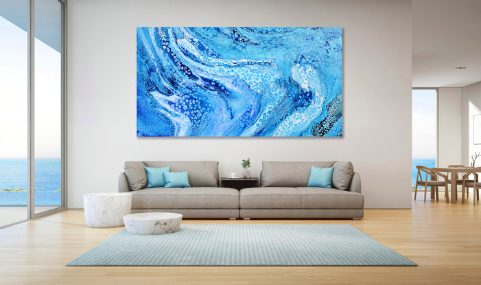 ABSTRACT painting that gives the impression of soothing ocean waves lapping an outer reef.  The intricate mosaic pattern within the tonal blue hues and the glimmering adds added interest and intrigue the close one gets to the painting. .