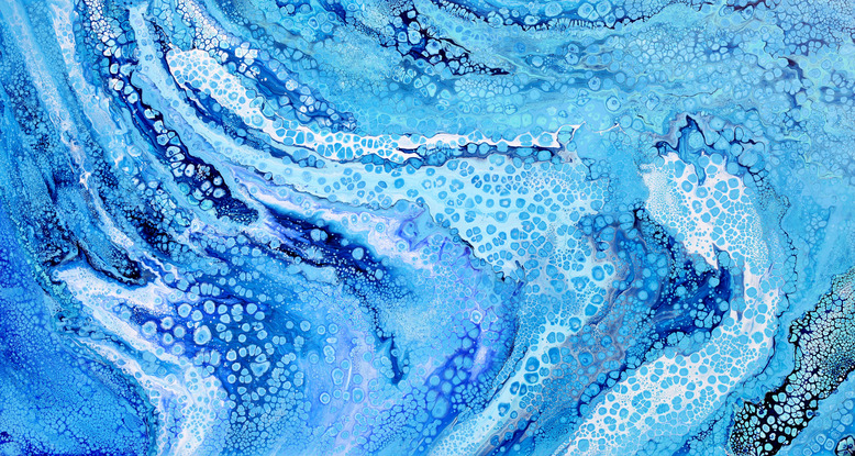 ABSTRACT painting that gives the impression of soothing ocean waves lapping an outer reef.  The intricate mosaic pattern within the tonal blue hues and the glimmering adds added interest and intrigue the close one gets to the painting. .