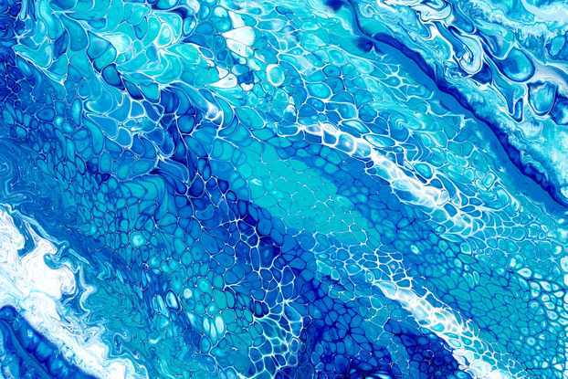 ABSTRACT painting that gives the impression of soothing ocean waves lapping an outer reef.  The intricate mosaic pattern within the tonal blue hues and the glimmering adds added interest and intrigue the close one gets to the painting. .