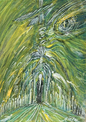 Abstract watercolour predominately green, yellow and white  acrylic and water coloured figurative  image on canvas board. 