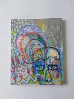 Abstract, pencil, wax pastel, charcoal, face, figure, abstraction, illustrations, eyes, scribble, expression, colour, vibrant.