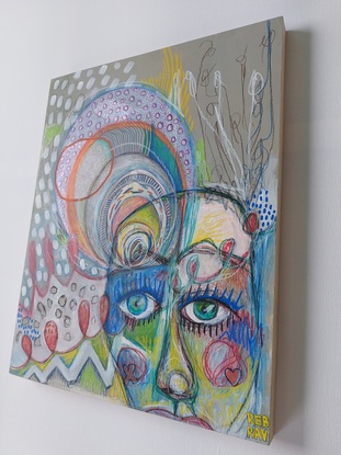 Abstract, pencil, wax pastel, charcoal, face, figure, abstraction, illustrations, eyes, scribble, expression, colour, vibrant.