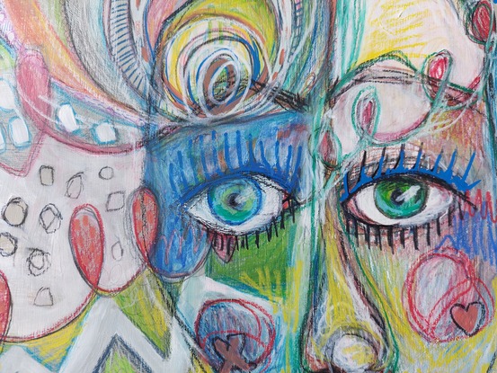 Abstract, pencil, wax pastel, charcoal, face, figure, abstraction, illustrations, eyes, scribble, expression, colour, vibrant.