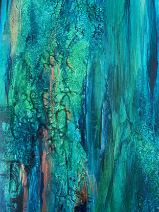 Colours of Springtime is a small textured  abstracted landscape painting in blues, greens, turquoise with metallic notes of brass and gold