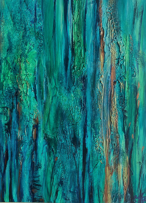 Colours of Springtime is a small textured  abstracted landscape painting in blues, greens, turquoise with metallic notes of brass and gold