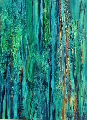 Colours of Springtime is a small textured  abstracted landscape painting in blues, greens, turquoise with metallic notes of brass and gold