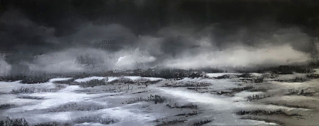 
The viewer observes a snow storm  rolling across the landscape. It is a tonal painting of white, shades of grey and black. You feel the cold seeping into your bones.