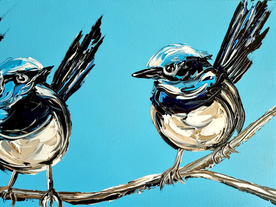 four fairt wrens painted in texture on a bright blue background