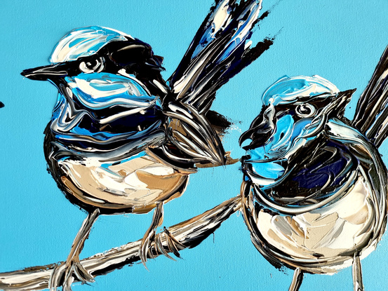 four fairt wrens painted in texture on a bright blue background