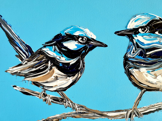 four fairt wrens painted in texture on a bright blue background