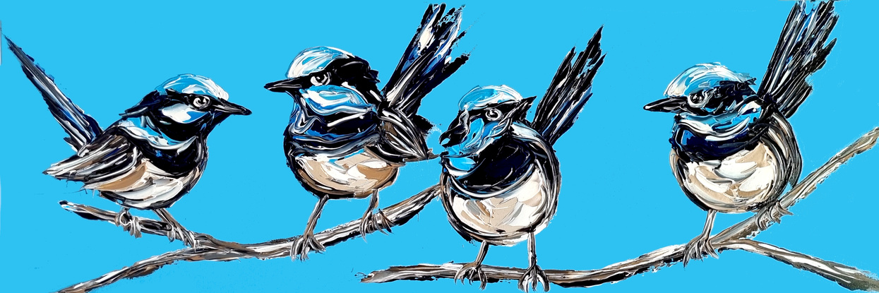 four fairt wrens painted in texture on a bright blue background