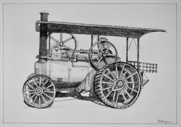 Ink drawing of historic steam powered machinery