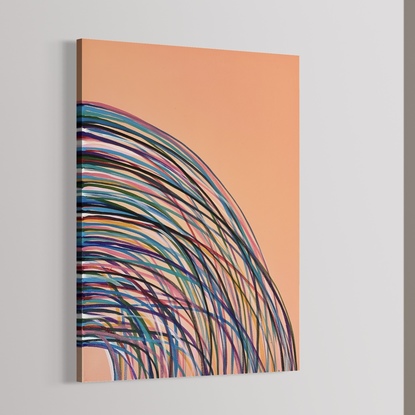 Curved lines overlapping of vibrant colour on a sublet peach background. 