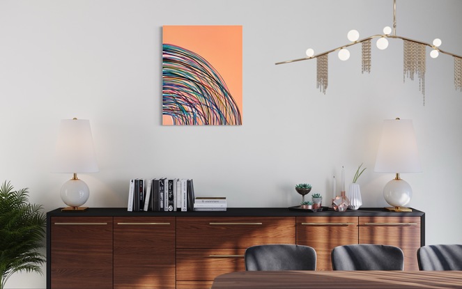 Curved lines overlapping of vibrant colour on a sublet peach background. 