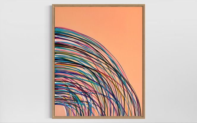 Curved lines overlapping of vibrant colour on a sublet peach background. 