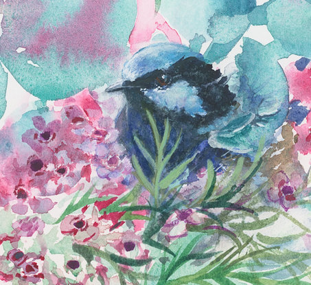 Watercolour painting of a blue wren hiding in teal foliage and crimson flowers