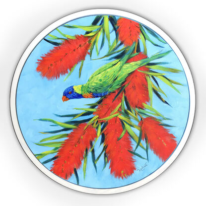 Rainbow lorikeet on a blossoming gum tree, framed original painting by Irina Redine.