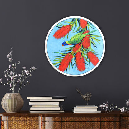 Rainbow lorikeet on a blossoming gum tree, framed original painting by Irina Redine.