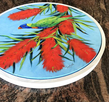 Rainbow lorikeet on a blossoming gum tree, framed original painting by Irina Redine.