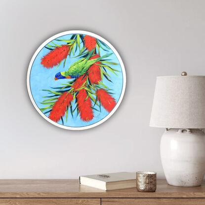 Rainbow lorikeet on a blossoming gum tree, framed original painting by Irina Redine.