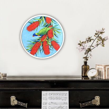 Rainbow lorikeet on a blossoming gum tree, framed original painting by Irina Redine.