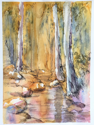 Forest and creek in pen and watercolour, gold and greens. 