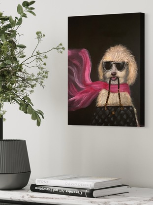 This  quirky artwork is sure to please the fashion enthusiast, animal lover or anyone with a healthy sense of humour. It will brighten any room and would easily  be the centrepiece of conversation. 