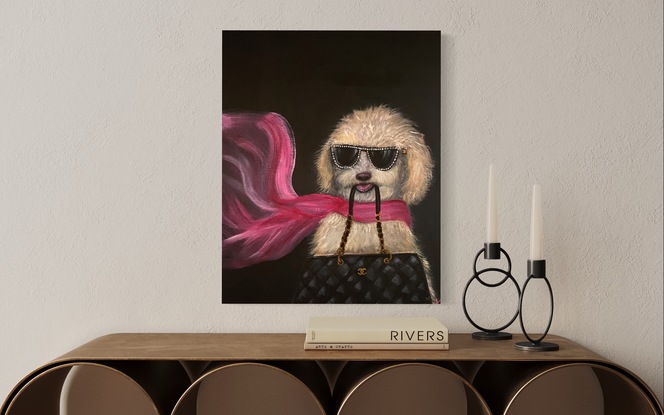 This  quirky artwork is sure to please the fashion enthusiast, animal lover or anyone with a healthy sense of humour. It will brighten any room and would easily  be the centrepiece of conversation. 