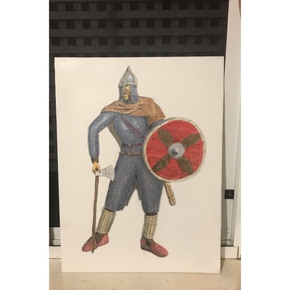 King Harald Hardrada (harsh ruler) 1015-1066 also known as King Harald Sigurdsson of Norway dressed as an officer of the Varangian Guard of the Byzantine Empire.  This illustration is an attempt to accurately portray real equipment and clothing he could have worn based on the Sagas and works on Viking history and costuming of viking age re-enactors.