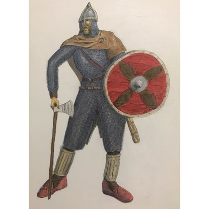 King Harald Hardrada (harsh ruler) 1015-1066 also known as King Harald Sigurdsson of Norway dressed as an officer of the Varangian Guard of the Byzantine Empire.  This illustration is an attempt to accurately portray real equipment and clothing he could have worn based on the Sagas and works on Viking history and costuming of viking age re-enactors.