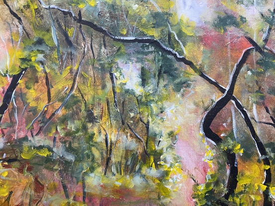 An impressionist piece celebrating the Australian bush rendered in free loose style that reflects the beauty of the bush. You can smell the gum trees, hear the birds and feel the warmth of the sunlight peeking through the trees. This is a magical little scene that warms your heart and brings nature inside, your own little slice of bush therapy to take you back whenever you need. 