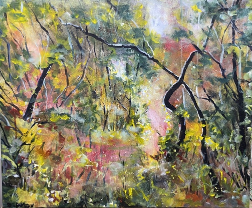 An impressionist piece celebrating the Australian bush rendered in free loose style that reflects the beauty of the bush. You can smell the gum trees, hear the birds and feel the warmth of the sunlight peeking through the trees. This is a magical little scene that warms your heart and brings nature inside, your own little slice of bush therapy to take you back whenever you need. 