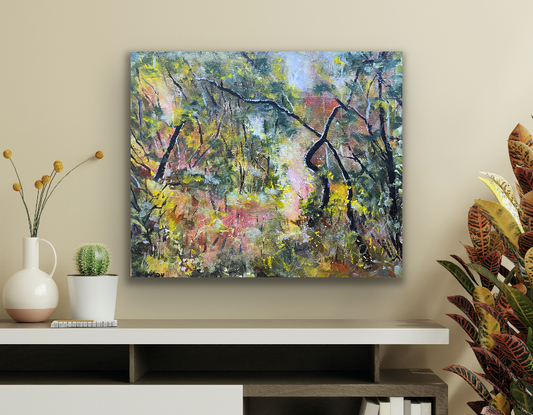 An impressionist piece celebrating the Australian bush rendered in free loose style that reflects the beauty of the bush. You can smell the gum trees, hear the birds and feel the warmth of the sunlight peeking through the trees. This is a magical little scene that warms your heart and brings nature inside, your own little slice of bush therapy to take you back whenever you need. 