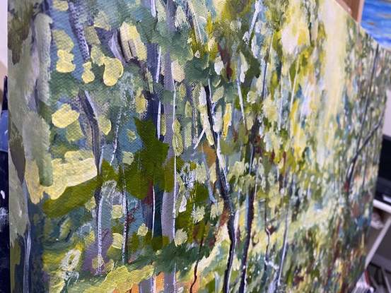 Bold Ironbarks trees against  the blue green gums and bright buttery light. There are splashes of red and yellow against the beauty of the bush. This is a really light filled work that warms your soul and brings the Australian bush to life in your home! Your own piece of nature. 