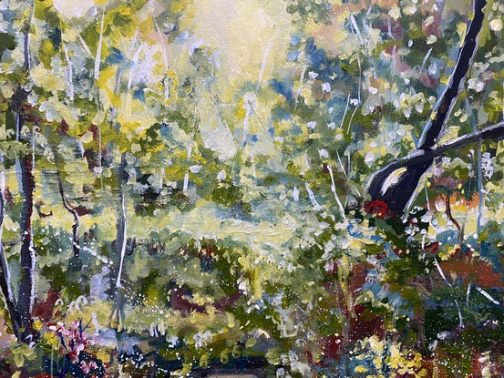 Bold Ironbarks trees against  the blue green gums and bright buttery light. There are splashes of red and yellow against the beauty of the bush. This is a really light filled work that warms your soul and brings the Australian bush to life in your home! Your own piece of nature. 