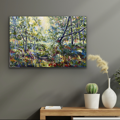 Bold Ironbarks trees against  the blue green gums and bright buttery light. There are splashes of red and yellow against the beauty of the bush. This is a really light filled work that warms your soul and brings the Australian bush to life in your home! Your own piece of nature. 