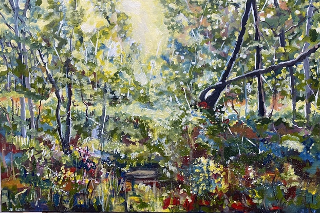 Bold Ironbarks trees against  the blue green gums and bright buttery light. There are splashes of red and yellow against the beauty of the bush. This is a really light filled work that warms your soul and brings the Australian bush to life in your home! Your own piece of nature. 