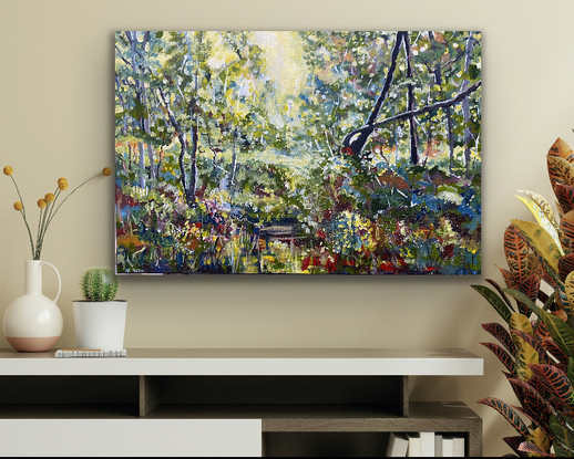 Bold Ironbarks trees against  the blue green gums and bright buttery light. There are splashes of red and yellow against the beauty of the bush. This is a really light filled work that warms your soul and brings the Australian bush to life in your home! Your own piece of nature. 