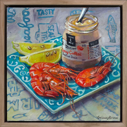 Prawns on a blue plate with lemon and a jar of cocktail sauce and textured background painted from life